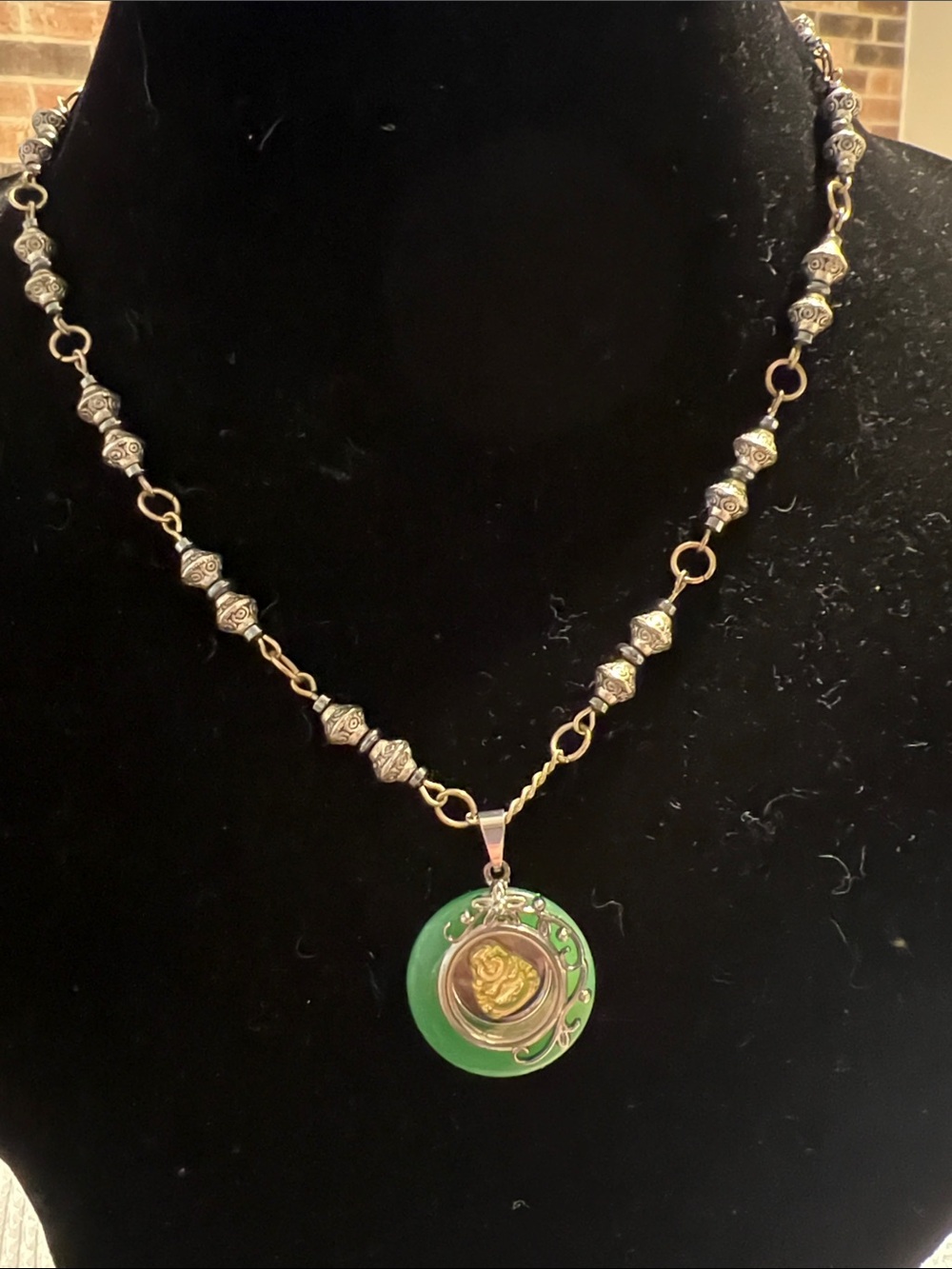 Buddha Green and Gold Pendant Necklace with Decorative Beaded Chain